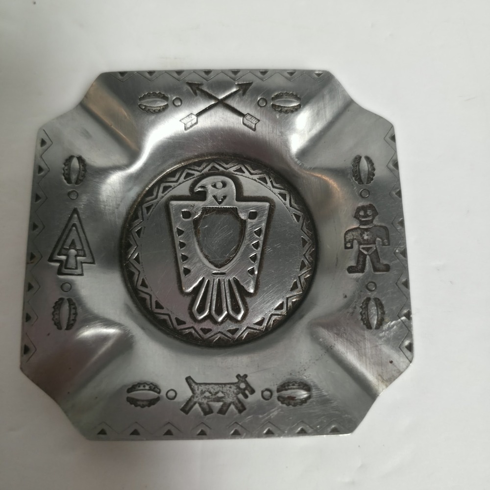 Vtg Native American Style Metal Ashtray Thunderbird Arrow Trinket Dish Southwest